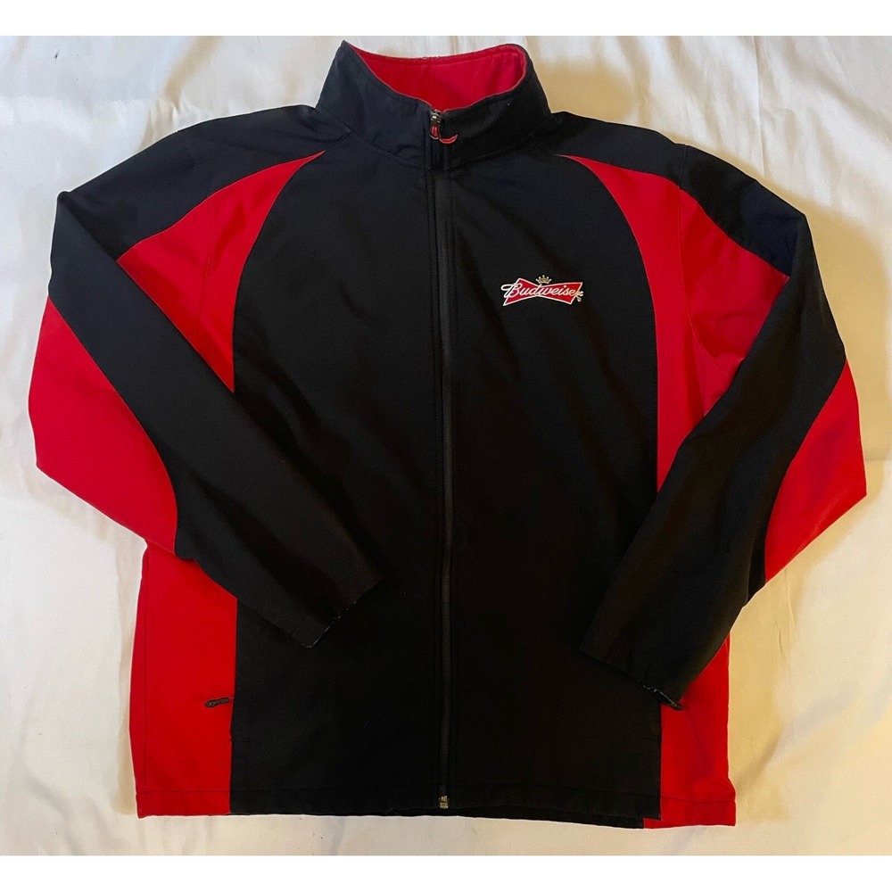 Budweiser Jacket Mens XL Soft Shell Full Zip Sport Tek Red Black Polyester‎